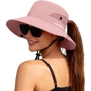 Women's Light Pink 100% Polyester Wide Brim Mesh With Chin Strap Cowboy Sun Hat
